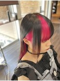 地雷系チェリーレッドメッシュカラーストレートロングブリーチ