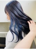 △ブリーチありインナーカラーイヤリングカラーブルー黒髪ロング