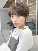 ミニウルフチェリーブラウンブリーチなしショートボブ前髪/横浜