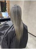 バレイヤージュ、ハイライト、レイヤーロング、グレーベージュ
