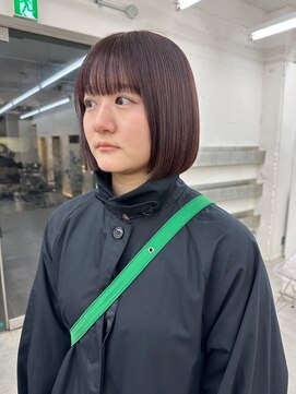 ノク 渋谷(nok) 丸みボブ赤みブラウン_グレーベージュレイヤーロング前髪パーマ