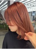 ◎美髪カールオレンジレッド秋カラーセミディ似合わせ前髪
