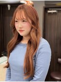 ロング　顔周りカット　ピンクベージュ　ケアブリーチ　10代20代