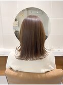 マロンベージュ　ミディアムロング　切りっぱなし　ブラウン