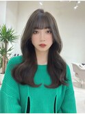小顔薄めバンググレージュレイヤーロング前髪パーマ黒髪