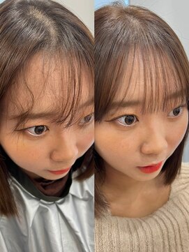 アム 表参道(am) 前髪縮毛矯正【小顔薄めバンググレージュレイヤーロング前髪】