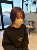 ワインレッドレッドカラー透け感バングショートボブ髪質改善
