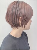 大人ピンクブラウン暖色人気ヘアカラー丸みショートボブ
