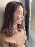 小顔セミウェットウェーブ　ピンクベージュハイライトカラー