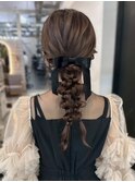 編みおろし　リボンアレンジ　編み込み　結婚式　20代30代