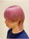 メンズカット サラ艶透明感カラー ピンク ウルフ×メンズボブ