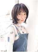 くせ毛風/黒髪/ミディアムレイヤー/ハッシュボブ/センター北