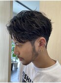 センターパートニュアンスパーマフェザーショートパーマ名駅