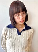 切りっぱなしボブ/ピンクブラウン/フルバング/美髪