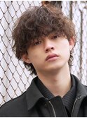 大分波巻きスパイラルパーマメンズカットラウンドマッシュウルフ