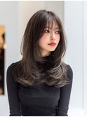 韓国風レイヤー顔回りカットロングレイヤーダークブラウン