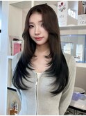 12901艶髪アッシュブラックグレージュ韓国風巻きレイヤーカット
