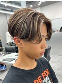 ハイライトツイストパーマアップバング短髪メッシュ