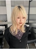 ミルクティーブロンド/ダークブルー/デジタルパーマ/鏡島