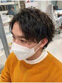 マンバンフェードダークアッシュニュアンスパーマセンターパート