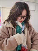 小顔ミディアムパーマ暗めカラーデジタルパーマボブパーマ暗髪