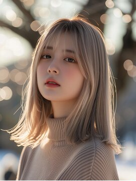 ムウ 難波(MOU) ボブルフワンレンレイヤーカットアッシュグレー20代30代40代50代