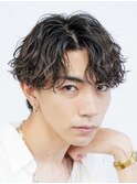 メンズラフセンターパート波巻きスパイラルパーママッシュウルフ