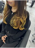 裾カラーイエローロングウルフカジュアルスタイルレイヤーカット