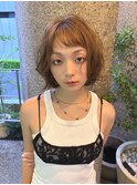 ミディアムパーマデジタルパーマボブパーマチェリーブラウン前髪