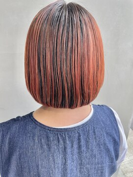 ヘアー アイス 御器所本店(HAIR ICI) ブリーチコントラストカラーオレンジダークグレー派手カラーボブ
