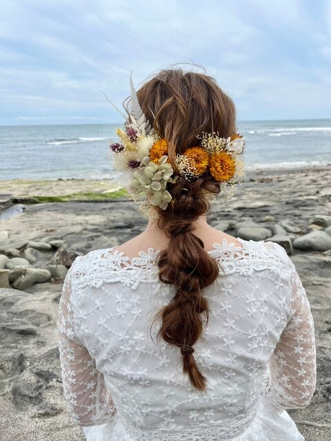 編みおろしスタイルビーチウェディング花嫁ヘアセットアレンジ