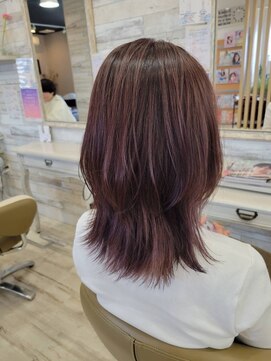 フゥカ 売市店(fuka) ミディアムウルフ×ラベンダーブラウン×艶カラー