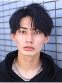 メンズショートブルーブラックアップバング刈り上げツーブロック