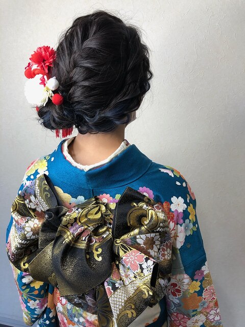 成人式　ヘアセット　着付け　編み込み　シニヨン