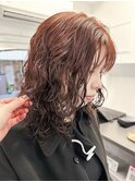 【白石】赤髪レディースミディアムスパイラルパーマ原宿