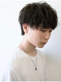 ナチュラルマッシュショート黒髪メンズ束感ツーブロックパーマ