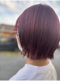 赤カラー　ブリーチなし　ミニボブ　切りっぱなし　30代40代
