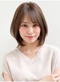 前髪ピンクベージュセミディ大人可愛いイメチェン斜めバングn
