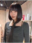ナチュラルブラウンピンクベージュハッシュボブ前髪ぱっつん渋谷