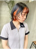 インナーカラー　オレンジカラー　ボブ　ボブヘア　外はねボブ