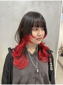 ◆赤髪ロングウルフレイヤーカットクラゲウルフヘア顔まわり