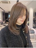 韓国ふんわりレイヤーミディアム顔まわり流し前髪かきあげヘア