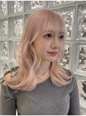 ピンクミルクティーアッシュベージュダブルカラー顔周りレイヤー