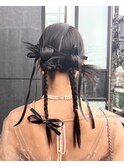 tightなリボンアレンジヘアセット結婚式お呼ばれダウンスタイル