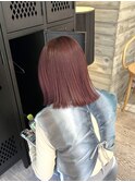 くすみレッド暖色カラーブリーチなしカラー切りっぱなしボブ