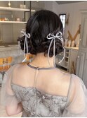結婚式参列お呼ばれヘアセットツインお団子ヘアアレンジロング