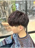 ハイライトカラーチェリーレッドツイストスパイラル波巻きパーマ