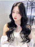 顔周りレイヤーロング韓国ヘア暗めカラー_F30789