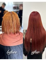 ガルボヘアー 心斎橋店(garbohair)&nbsp;心斎橋プルエクステビフォーアフター赤髪はブリーチ必須