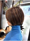 ロングショートワンカールパーマカーキグレージュ前髪錦糸町